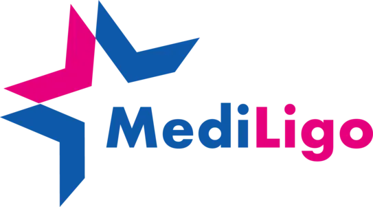 Logo of MediLigo featuring the word "MediLigo" in blue, with a pink star element. The design conveys a modern and approachable healthcare service.